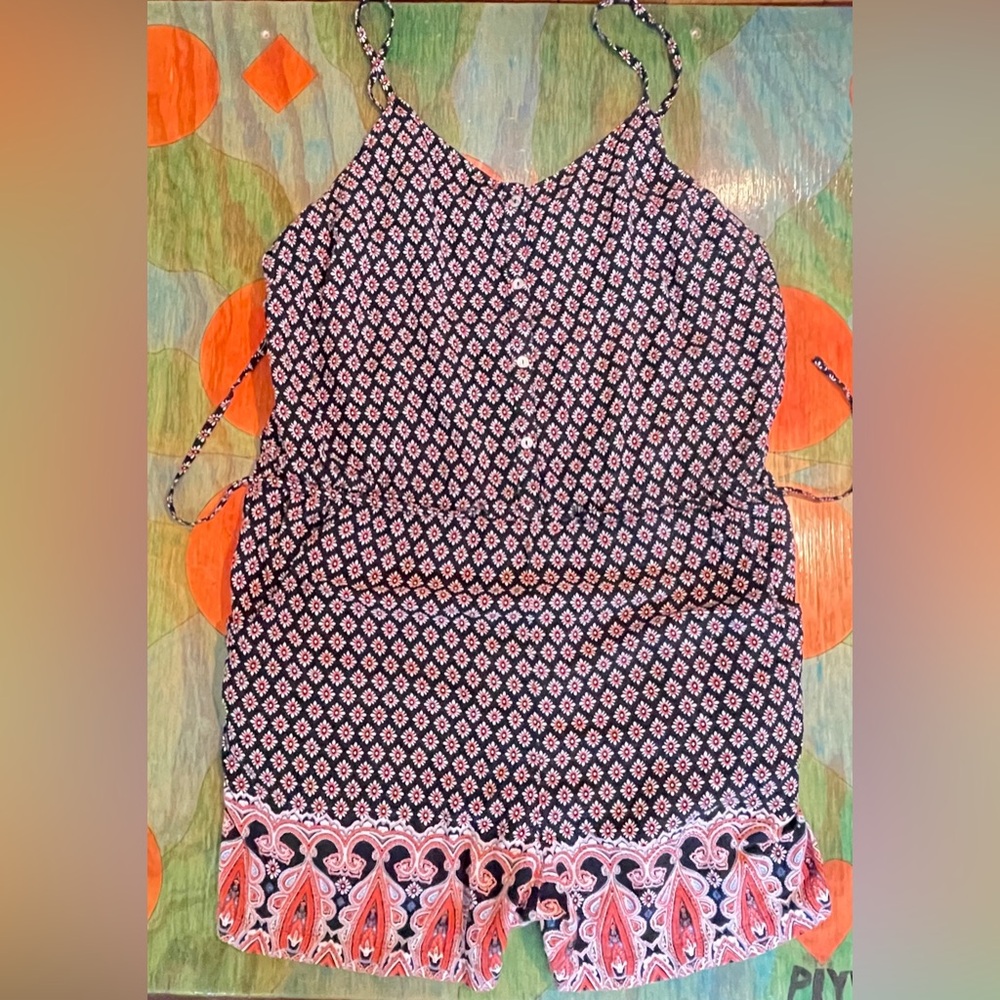 Up by Ultra Pink Black Spaghetti Strap Romper Sz XL Orange Rayon Flower Shape